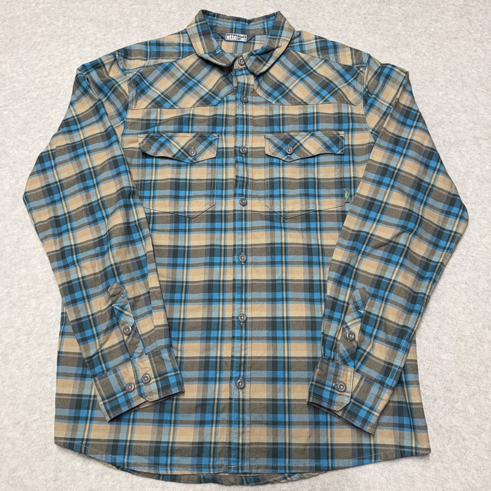 Stio Junction Midweight Flannel Shirt Mens L Blue Plaid  Long Sleeve Button Up